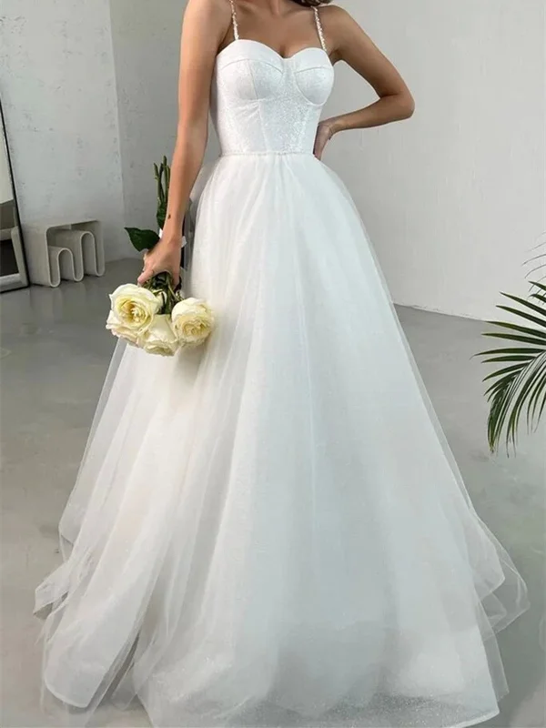 Shiny Tulle Sweetheart Neck White Long Prom Dresses, Long White Formal Graduation Evening Dresses Tunics Mesh breathable