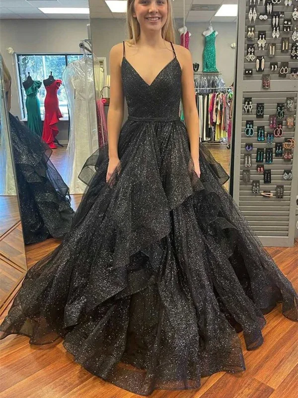Shiny V Neck Layered Black Tulle Long Prom Dress, Black Formal Evening Dress, Black V Neck Ball Gown Tunics Essential wardrobe