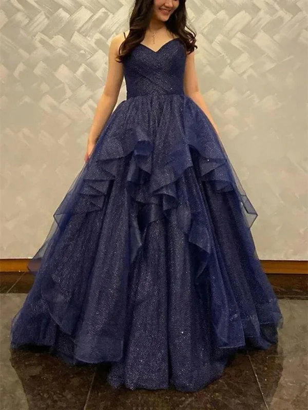 Shiny V Neck Navy Blue Tulle Long Prom Dresses, Navy Blue Formal Evening Dresses Long, Ball Gown Turtleneck Warm Winter