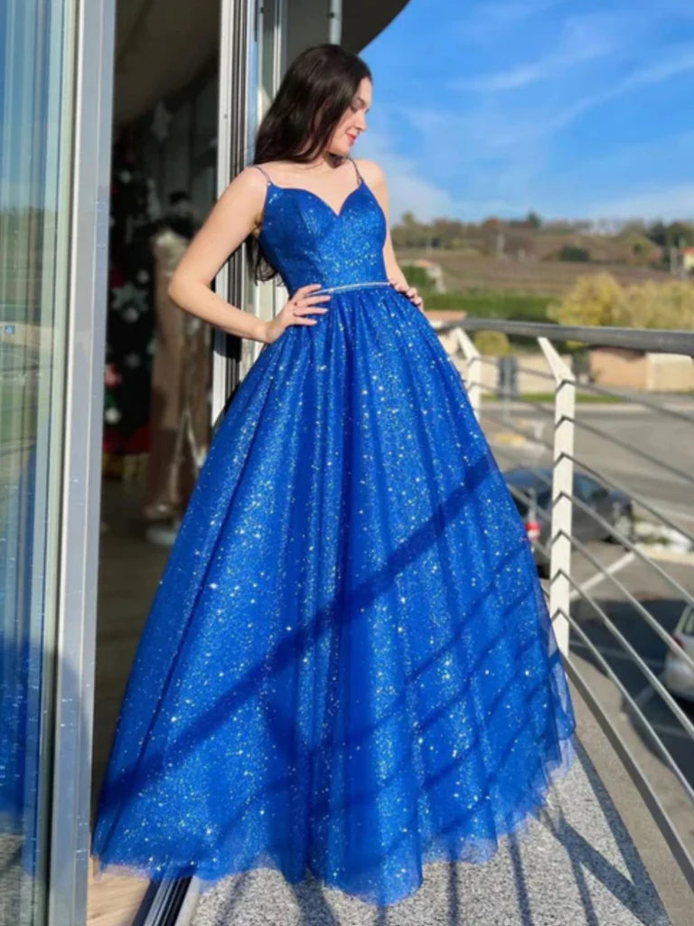Shiny V Neck Open Back Blue Tulle Long Prom Dresses, Blue Tulle Formal Dresses, Blue Evening Dresses Crew Neckline Casual