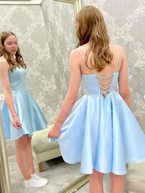 Simple A Line Blue Satin Backless Beads Short Prom Dresses, Short Blue Satin Formal Evening Dresses Tunics Essential wardrobe