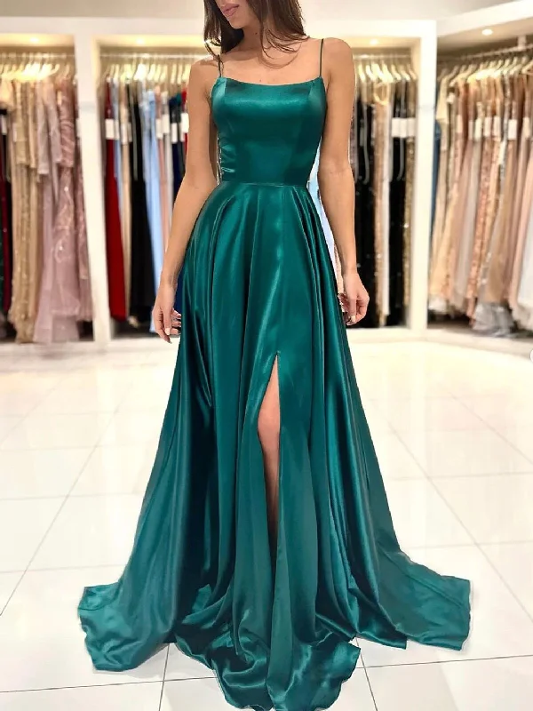 Simple A Line Dark Green Backless Satin Long Prom Dresses, Open Back Dark Green Long Formal Evening Dresses Tunics Versatile stylish