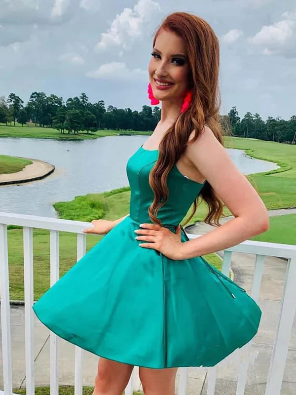 Simple A Line Spaghetti Straps Green Satin Short Prom Homecoming Dress, Short Green Formal Graduation Evening Dress Tunics Bridal satin