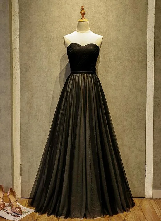 Simple Black Sweetheart A-line Long Tulle Party Dress, Black Evening Gown Tunics Spring floral