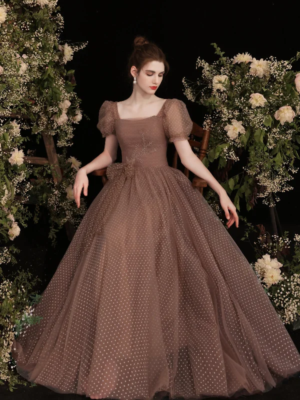 Simple Brown Tulle Long Prom Dress, Tulle Evening Dress Tunics Versatile functional