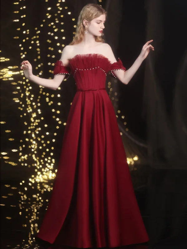 Simple Burgundy Off Shoulder Satin Long Prom Dress, Burgundy Evening Dress Tunics Timeless classic