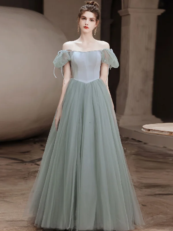 Simple Gray Green Tulle Long Prom Dress, Gray Green Evening Dress Tunics Gym athletic