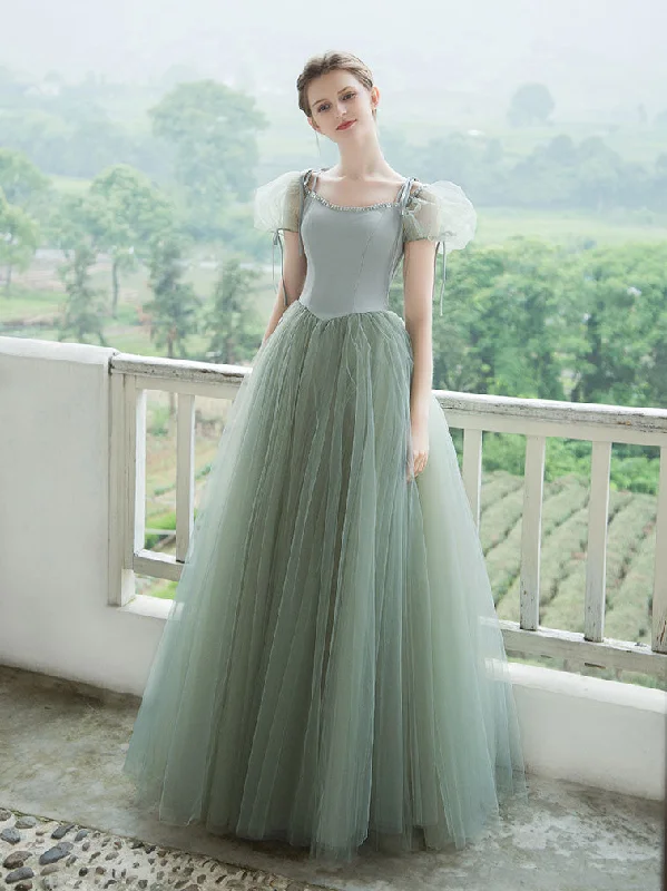 Simple Green Tulle Long Prom Dress, Green Tulle Evening Dress Tunics Summer linen