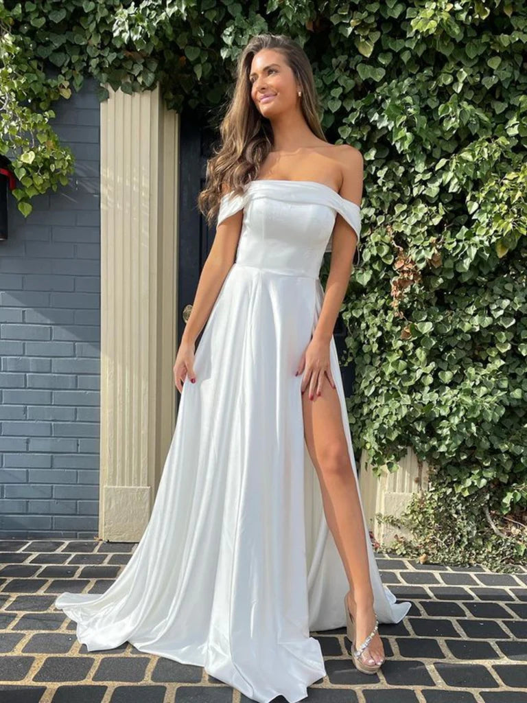 Simple Off Shoulder White Satin Long Prom Dresses with High Slit, Off the Shoulder White Formal Graduation Evening Dresses Tunics Trousers formal