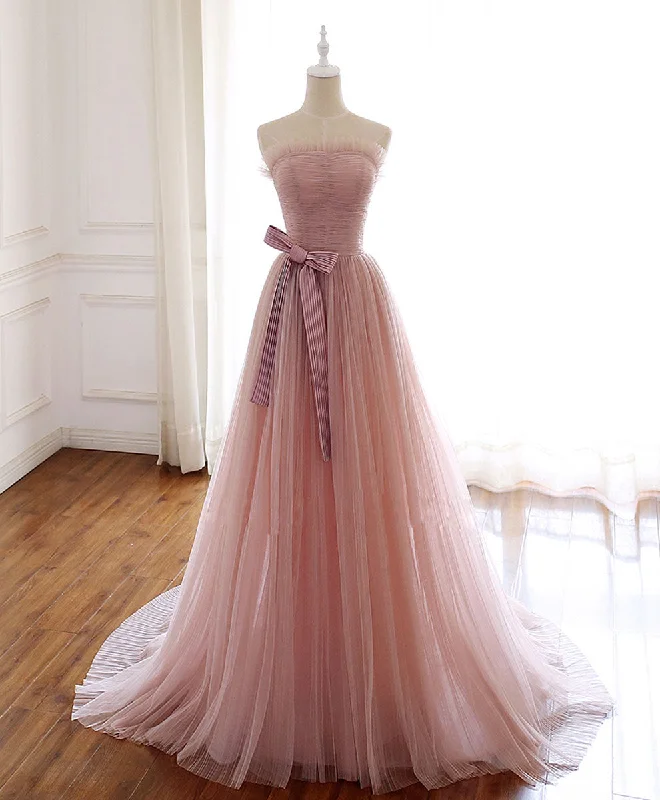 Simple Pink Tulle Long Prom Dress, Aline Pink Tulle Formal Party Dresses Tunics Party sparkling