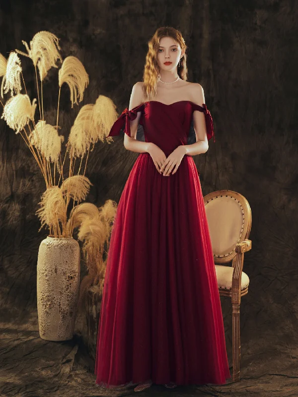 Simple Sweetheart Neck Tulle Long Prom Dress Burgundy Evening Dress Tunics Print Colorful