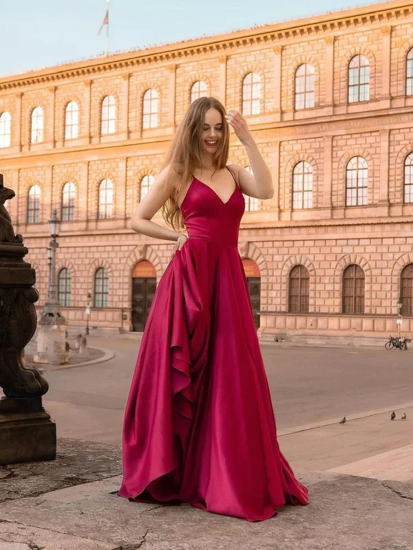 Simple V Neck Burgundy Satin Long Prom Dresses, Simple V Neck Burgundy Satin Long Formal Evening Dresses Tunics Trendy modern