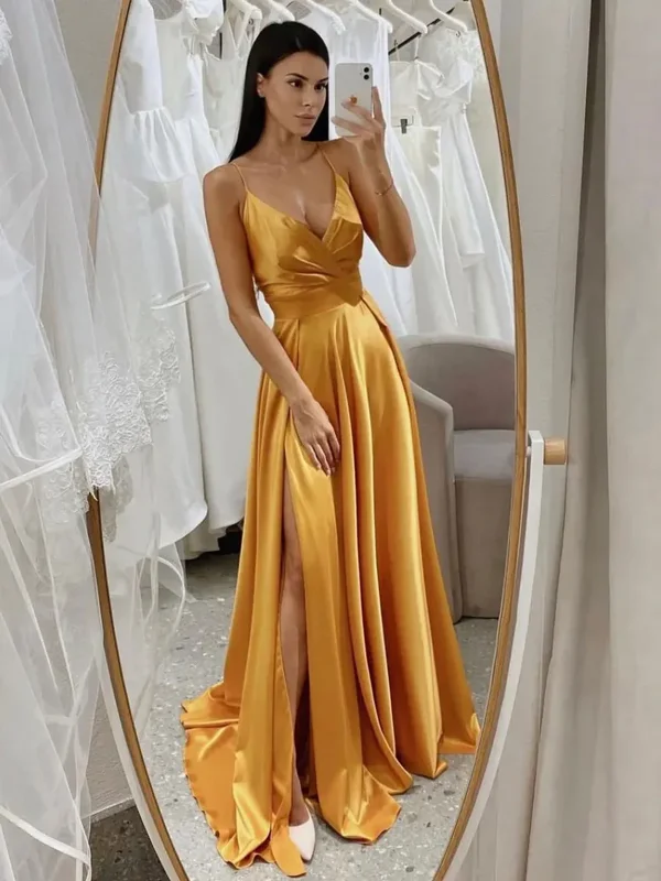 Simple V Neck Yellow Satin Long Prom Dresses, Simple V Neck Yellow Satin Long Formal Evening Dresses Crew Neckline Sporty