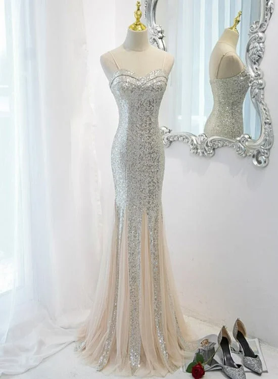 Sliver Sequins Mermaid Straps Long Evening Gown Prom Dress, Long Party Dress Formal Dresses Chiffon Maxi Beach