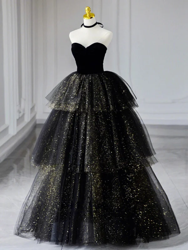 Strapless Black Tulle Prom Dress with Velvet, A Line Black Sweetheart Neck Long Formal Evening Dress Tunics Travel practical