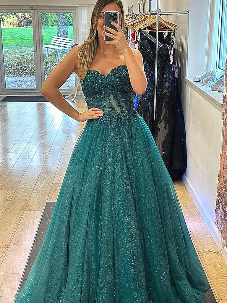 Strapless Green Pink  Lace Long Prom Dresses, Strapless Green Pink Lace Formal Evening Dresses Tunics New arrival