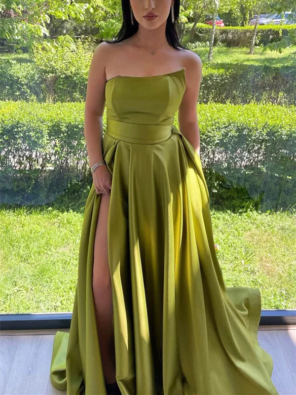 Strapless Green Satin Long Prom Dresses with High Slit,  Green Satin Long Formal Graduation Evening Dresses Tunics Fall fleece