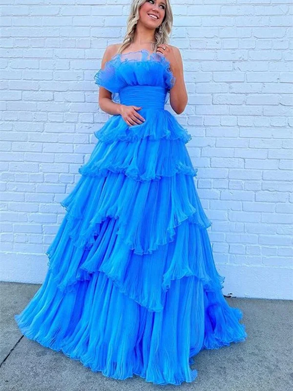 Strapless Layered Blue Long Prom Dresses, Open Back Blue Formal Evening Dresses, Blue Ball Gown Tunics Leisure comfortable