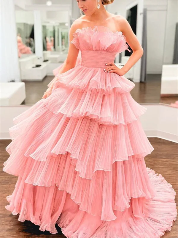 Strapless Layered Pink Tulle Long Prom Dress, Long Pink Formal Evening Dress, Ball Gown Tunics Corduroy durable