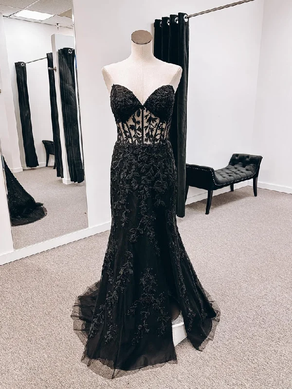 Strapless Mermaid Black Lace Long Prom Dresses with High Slit, Black Lace Formal Dresses, Black Evening Dresses Lace Sexy Club