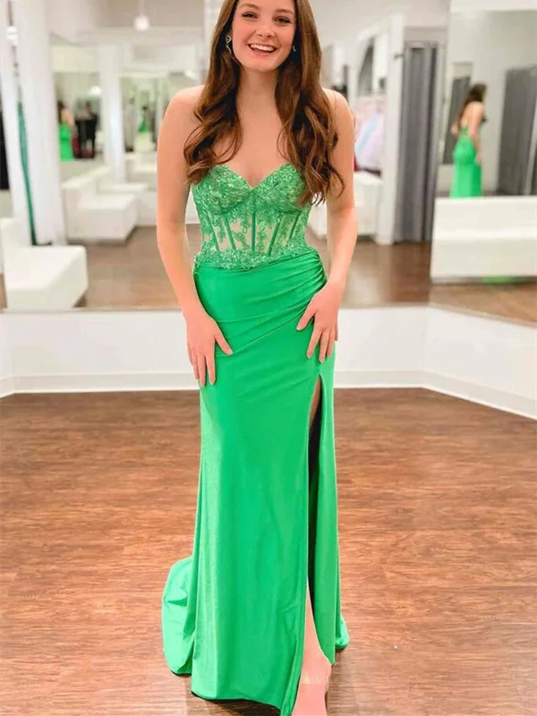 Strapless Mermaid Green Lace Long Prom Dress with High Slit, Mermaid Green Formal Dress, Green Lace Evening Dress Tunics Office stylish