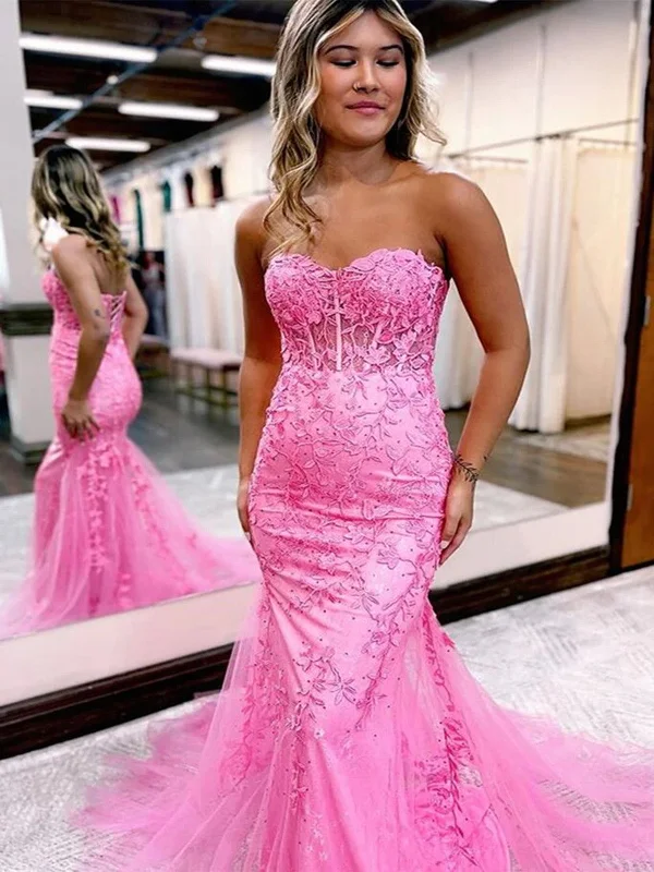 Strapless Mermaid Pink Lace Long Prom Dress, Pink Lace Formal Dress, Mermaid Pink Evening Dress Tunics Travel practical