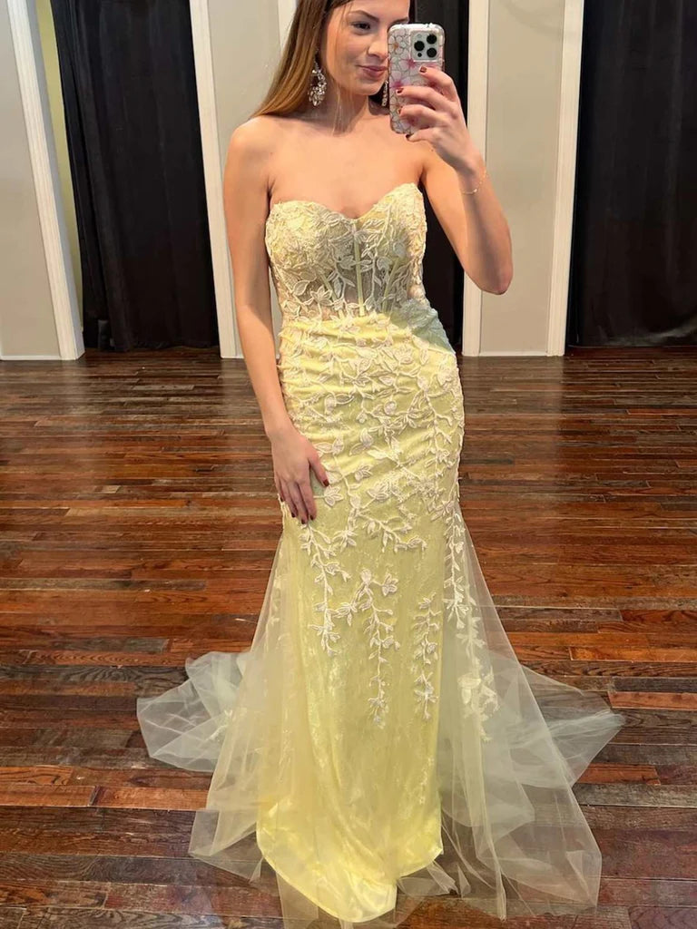 Strapless Mermaid Yellow Lace Prom Dresses Long, Mermaid Yellow Formal Dresses, Yellow Lace Evening Dresses Crew Neckline Casual