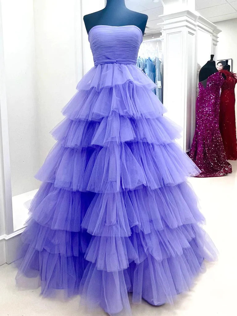 Strapless Purple Tulle Layered Long Prom Dresses, Purple Long Tulle Formal Evening Dresses Turtleneck Warm Winter