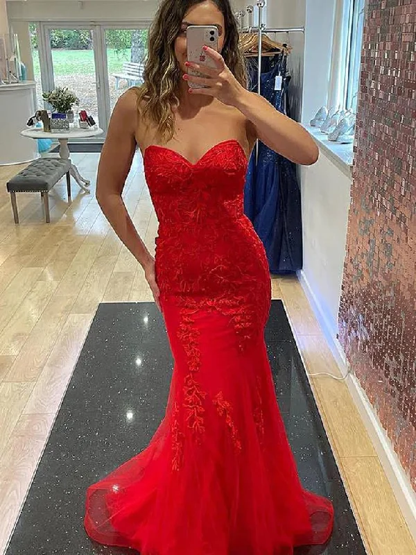 Strapless Red Mermaid Lace Long Prom Dresses, Red Mermaid Lace Formal Evening Dresses Tunics Trousers formal