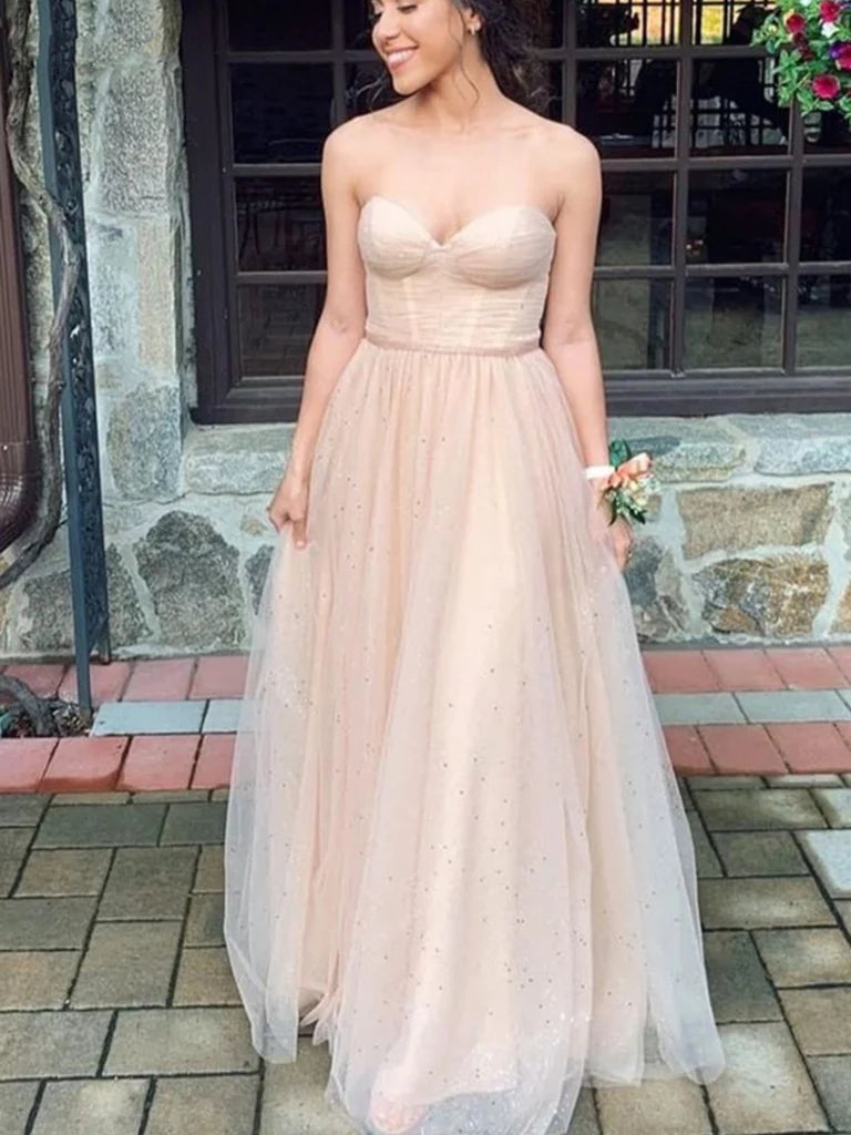 Strapless Sweetheart Neck Champagne Tulle Long Prom Dresses, Long Champagne Formal Graduation Evening Dresses Tunics Floral girly