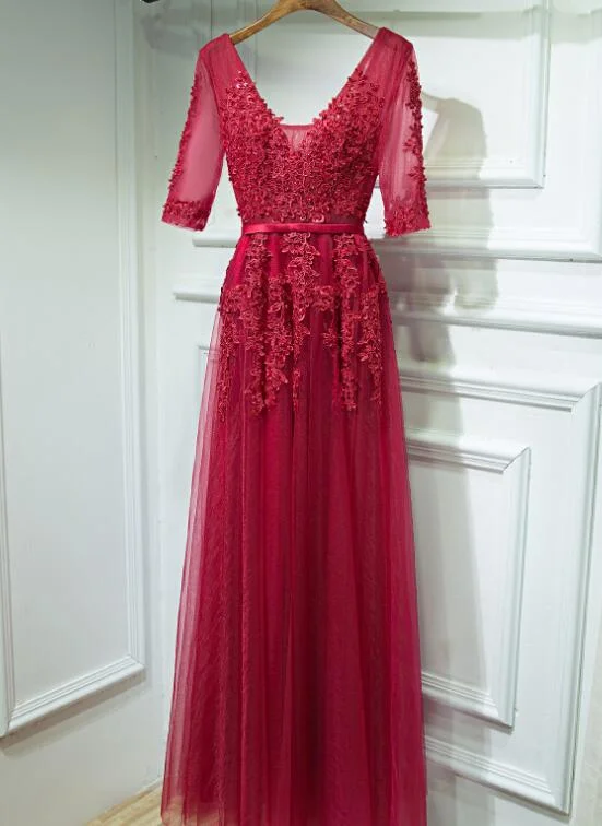 Stylish Wine Red Short Sleeves Party Gown, Wedding Party Dress Tunics Vintage classic