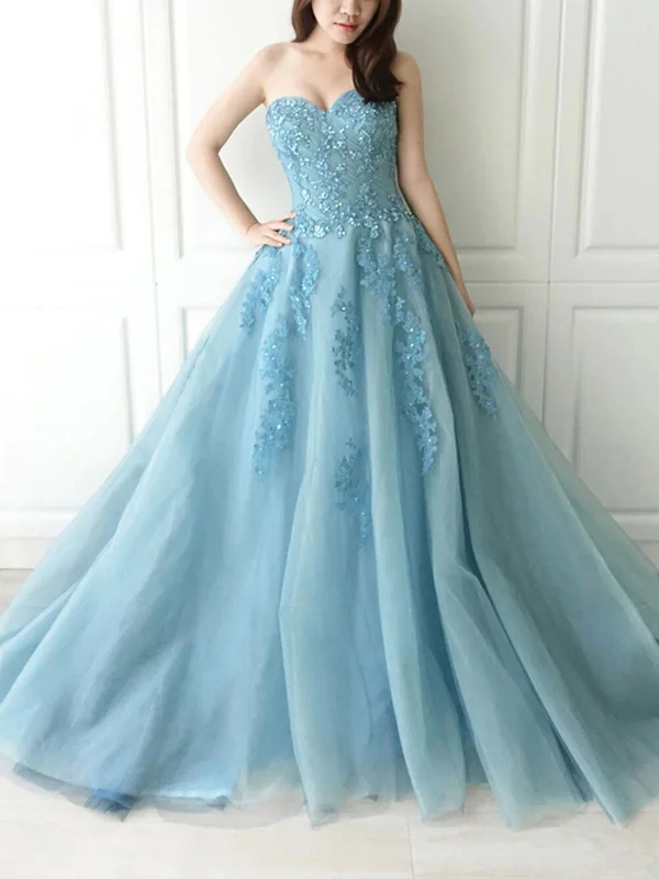 Sweetheart Neck Blue Tulle Lace Long Prom Dress, Blue Lace Tulle Formal Evening Dress Satin Halter Glamorous