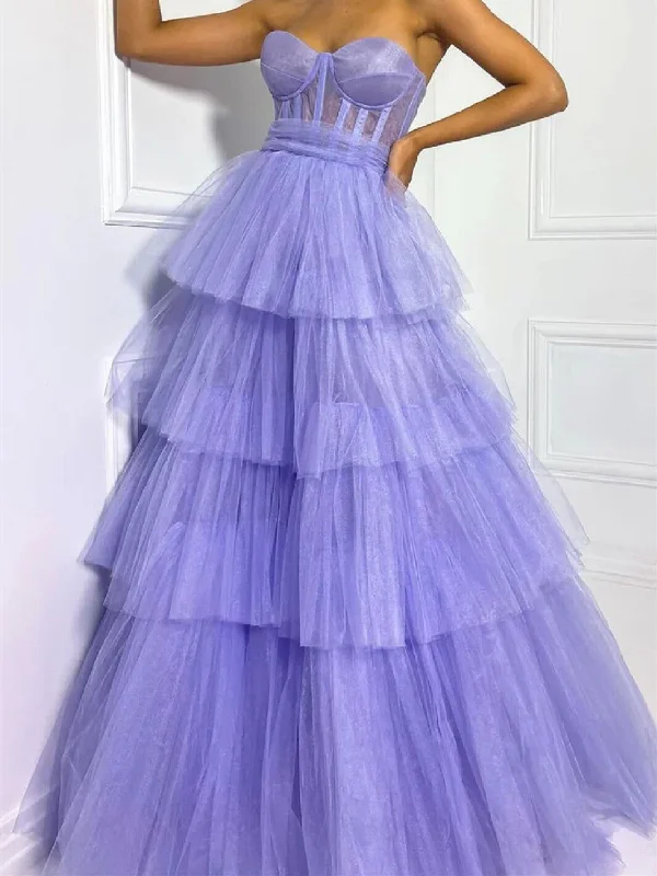 Sweetheart Neck Layered Purple Tulle Long Prom Dresses， Lavender Formal Dresses, Lilac Evening Dresses Shift Classic Vintage