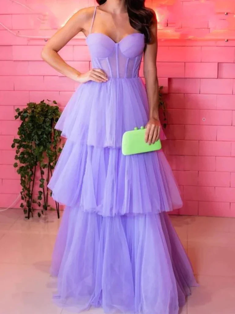 Sweetheart Neck Open Back Layered Purple Tulle Long Prom Dresses， Lavender Formal Dresses, Lilac Evening Dresses Cowl Neckline Elegant