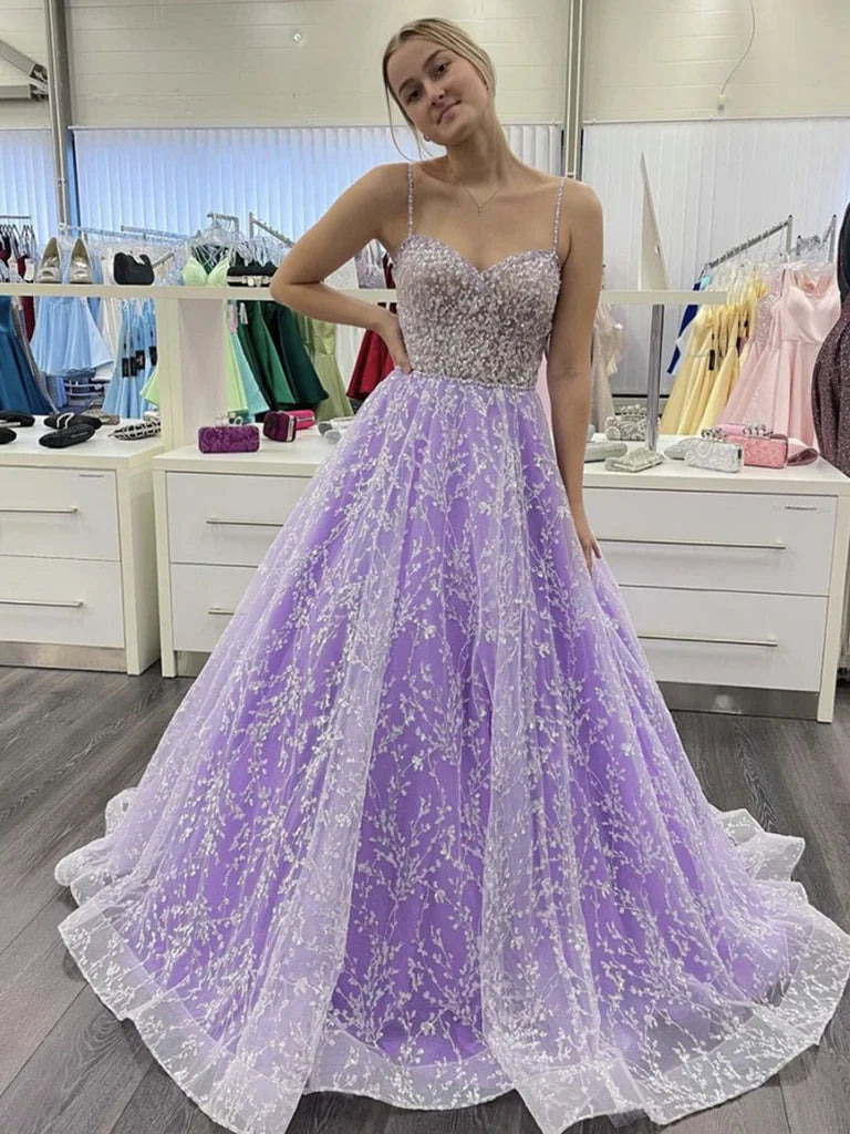 Sweetheart Neck Open Back Purple Lace Long Prom Dresses, Purple Lace Formal  Evening Dresses sweetheart Neckline Romantic