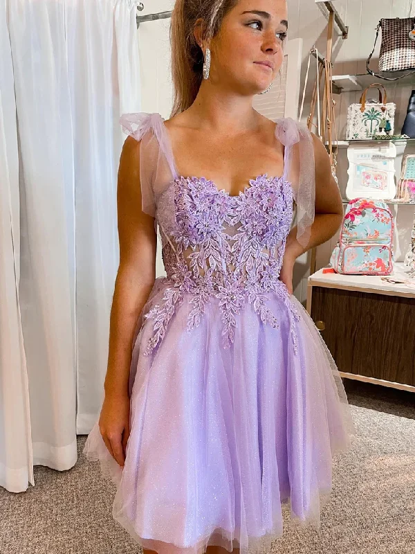 Sweetheart Neck Purple Lace Prom Dresses, Lilac Lace Homecoming Dresses, Short Purple Formal Evening Dresses Tunics Chic elegant