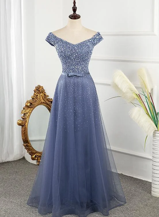 Tulle Sequins Cap Sleeves Long Party Dress, Floor Length Prom Dress Tunics Chic fashionable