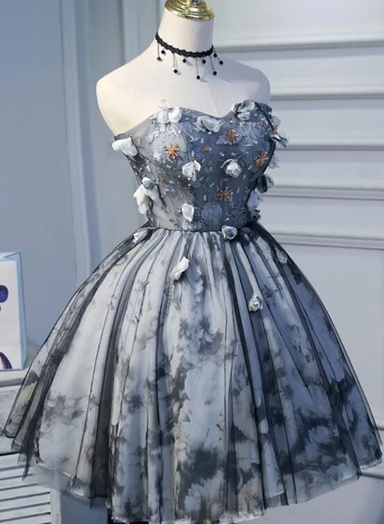 Unique Grey Floral Sweetheart Short Party Dress, Homecoming Dress Tunics Summer linen