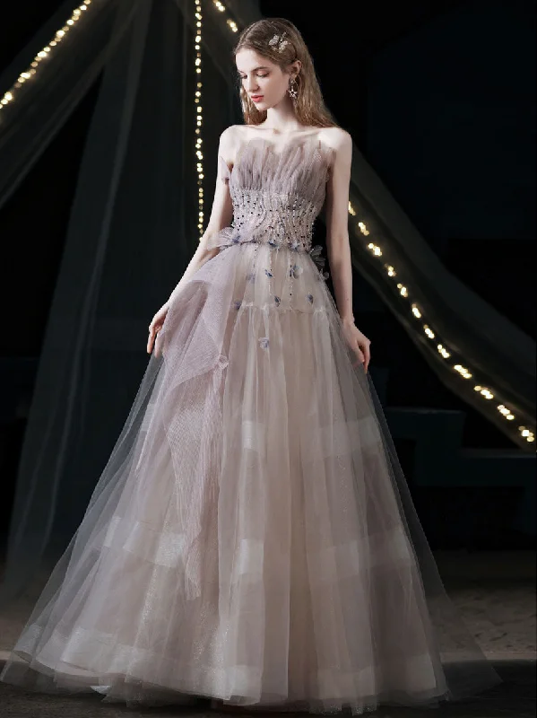 Unique Tulle Beads Long Prom Dress, Light Purple Tulle Evening Dress Tunics Polka dots