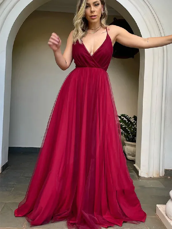 V Neck Backless Burgundy Tulle Long Prom Dresses, Open Back Maroon Formal Dresses, Burgundy Evening Dresses Off-the-shoulder Chic Trendy