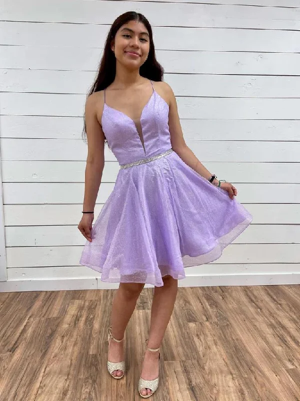 V Neck Backless Purple Tulle Prom Dresses with Belt, Backless Purple Homecoming Dresses, Short Lilac Formal Evening Dresses Tunics Summer linen