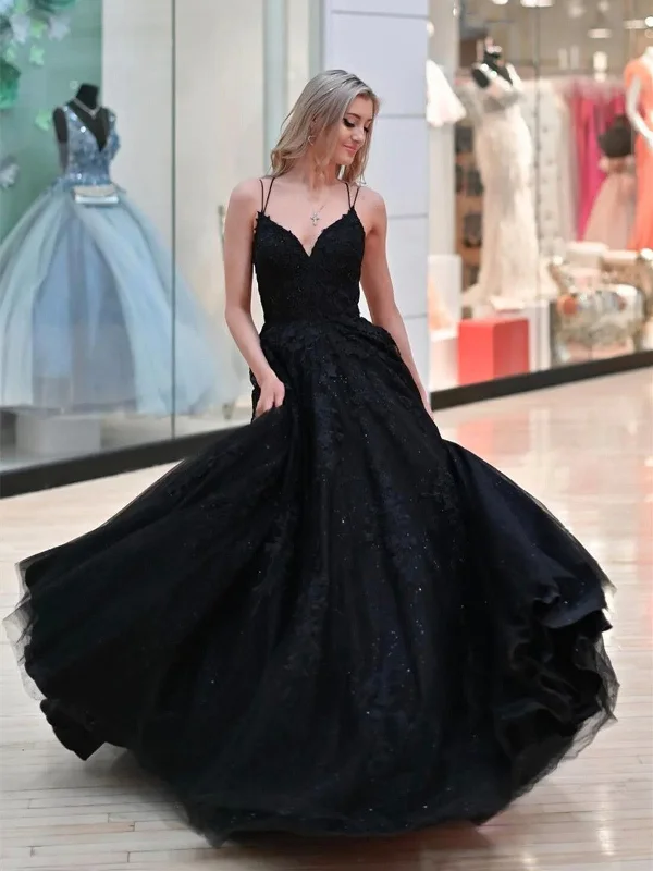V Neck Black Tulle Lace Open Back Long Prom Dresses, A Line Backless Evening Party Dresses Tunics Occasion special