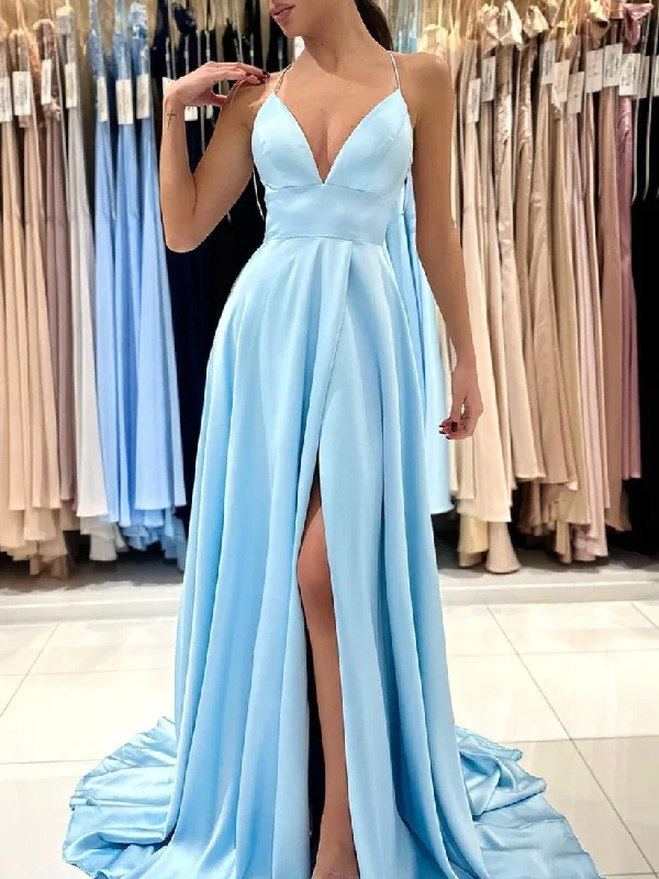 V Neck Blue Satin Long Prom Dresses, Simple Blue Satin Long Formal Evening Dresses Off-the-shoulder Chic Trendy