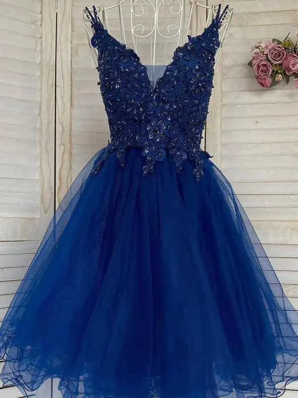 V Neck Blue Tulle Lace Short Prom Dresses, V Neck Blue Tulle Lace Short Formal Evening Dresses Off-the-shoulder Bohemian Festive