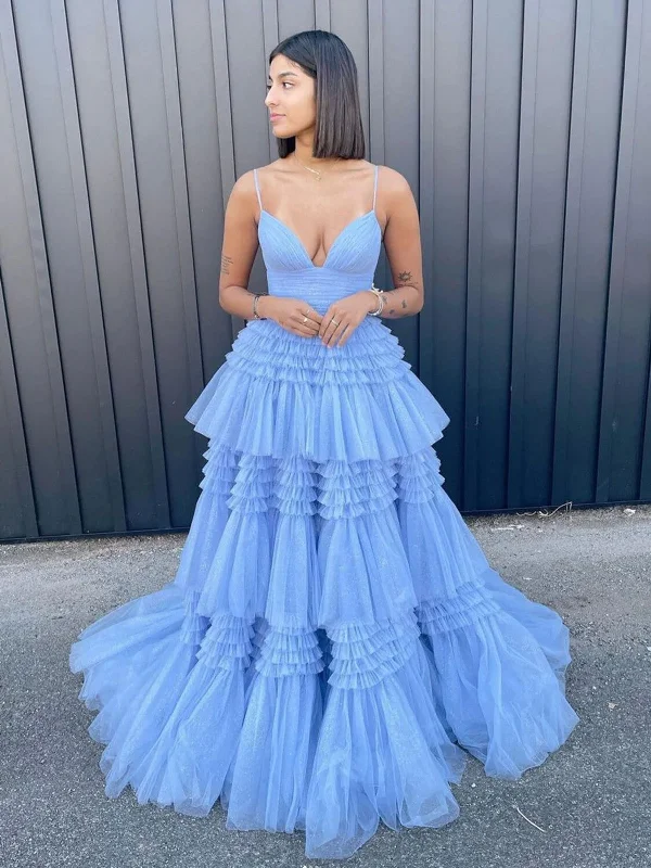 V Neck  Blue Tulle Long Prom Dress, Blue Tulle Formal Evening Dress Tunics Fleece cozy