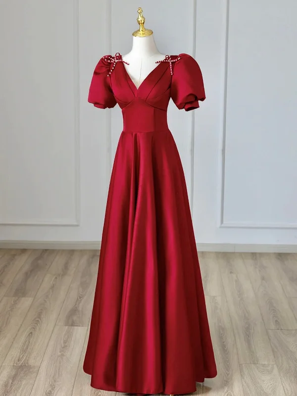 V Neck Burgundy Satin Long Prom Dress, Burgundy Formal Evening Dress Tunics Chic elegant