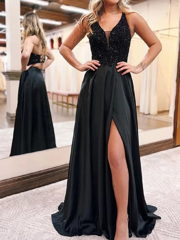 V Neck Dark Green Sequins Long Prom Dress with High Slit, Long Dark Green Formal Graduation Evening Dress with Pocket Tunics Stylish modern