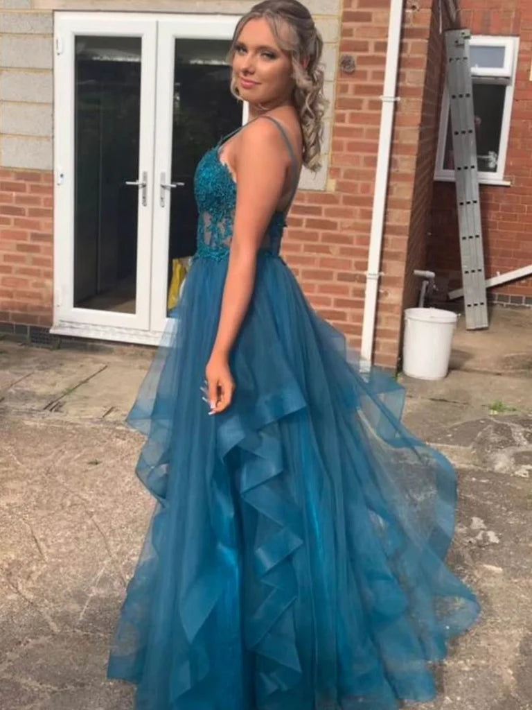 V Neck Fluffy Blue Lace Long Prom Dresses, Blue Lace Formal Dresses, Blue Evening Dresses Tunics Stylish modern