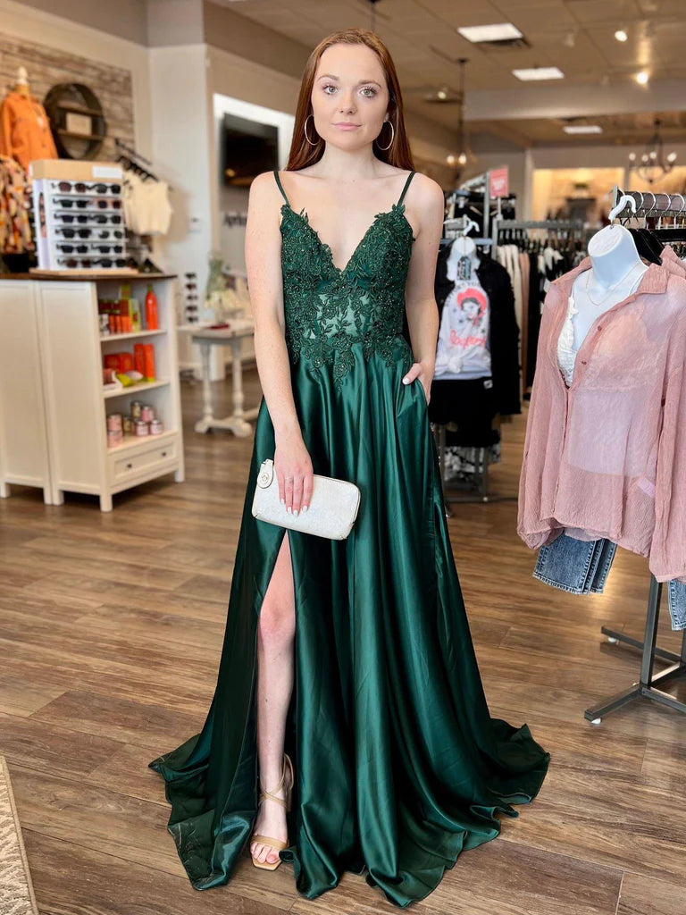 V Neck Green Lace Long Prom Dresses with High Slit, Green Lace Formal Dresses, Green Evening Dresses Tunics Chinos classic