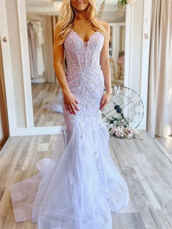 V Neck Mermaid Purple Lace Floral Long Prom Dress, Lavender Lace Formal Dress, Lavender Evening Dress Tunics Favorite customer